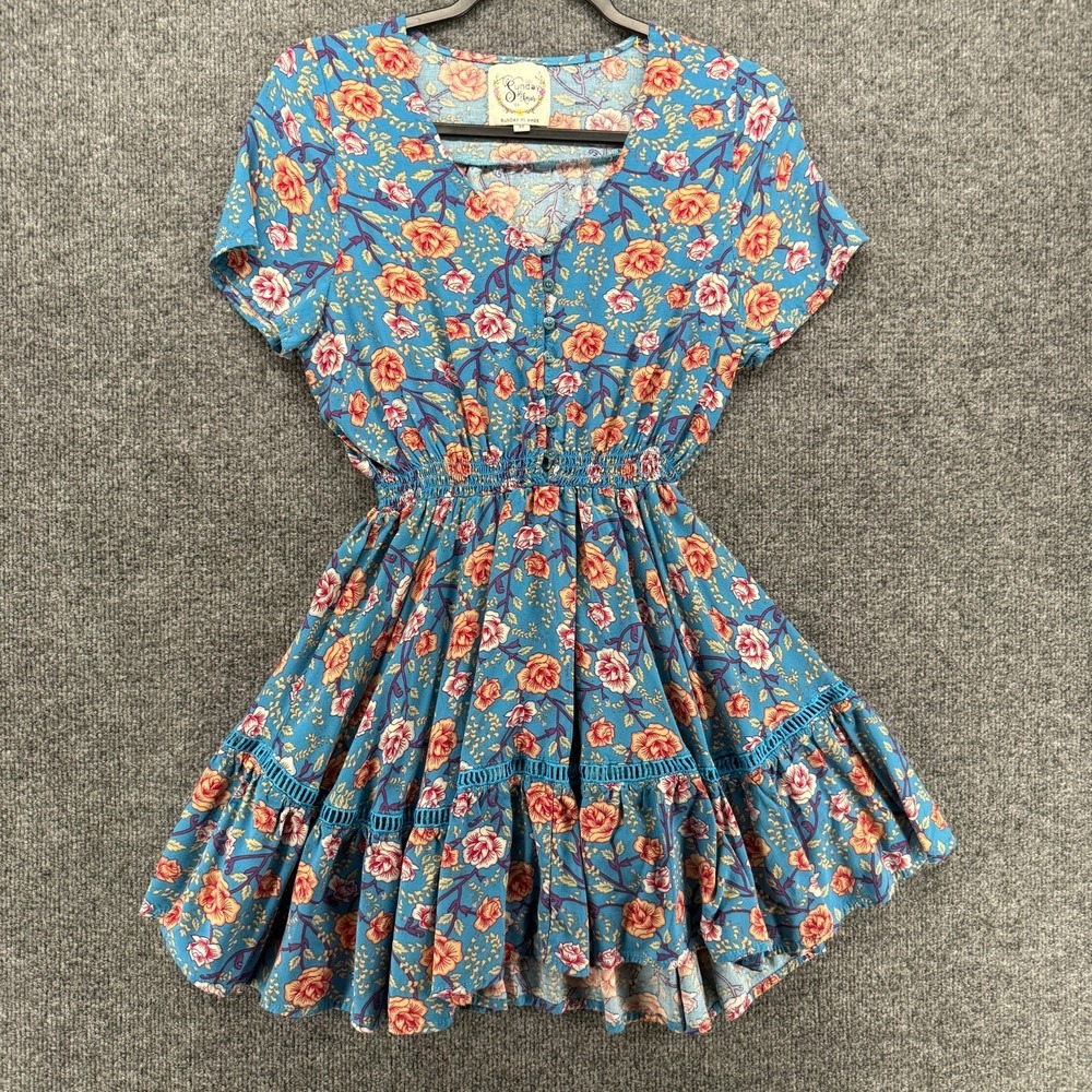 Sunday Mi Amor Dress Medium Blue Floral V-Neck Prairie Boho Cottagecore Peasant